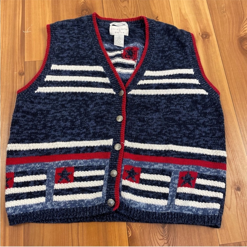 Vtg Hand Embroidered Christopher & Banks Flag Knit Sweater Vest Small Patriotic